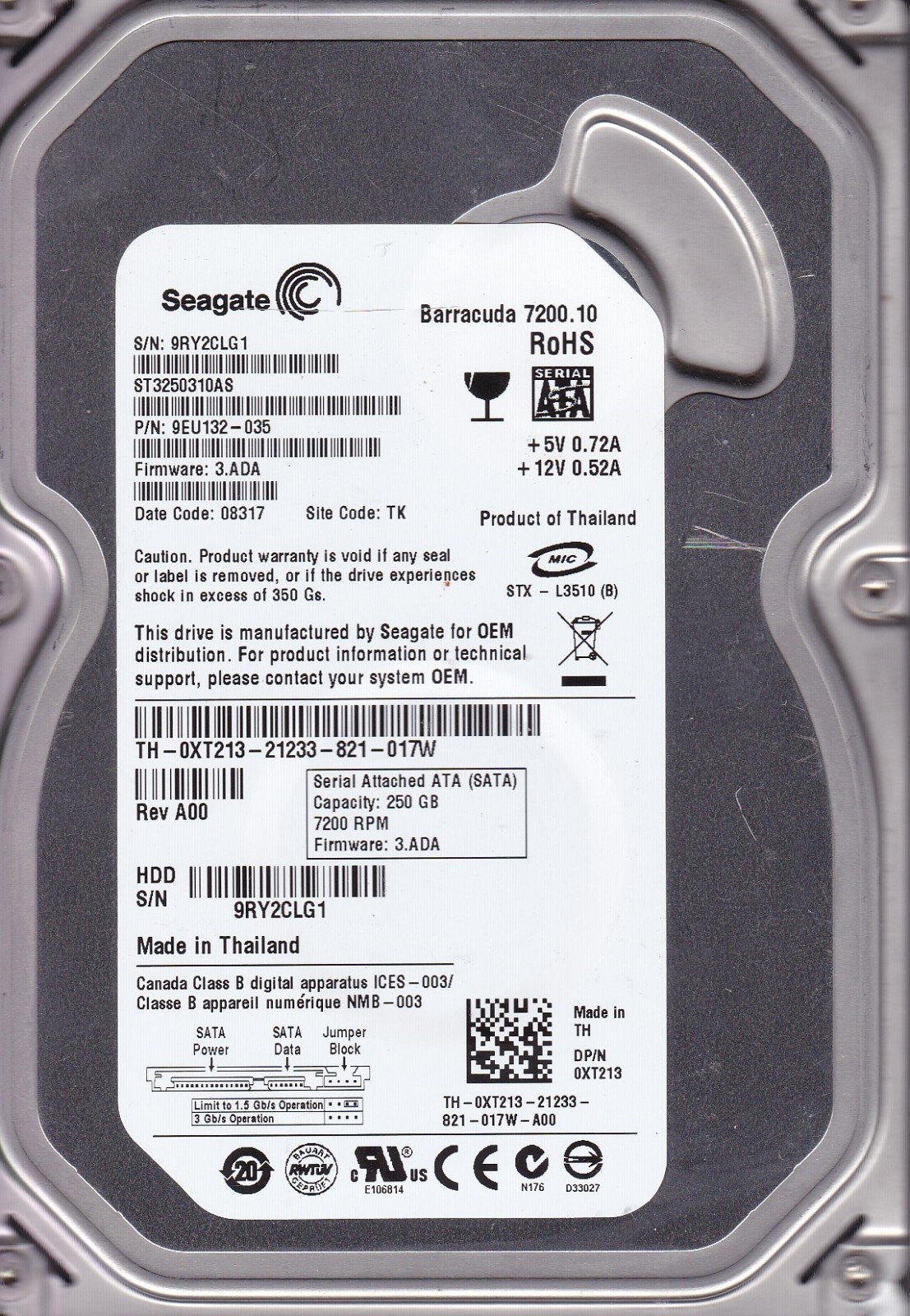 ST3250310AS  p/n 9EU132-035 s/n: 9RY..SATA 250GB   site: TK   B3-12