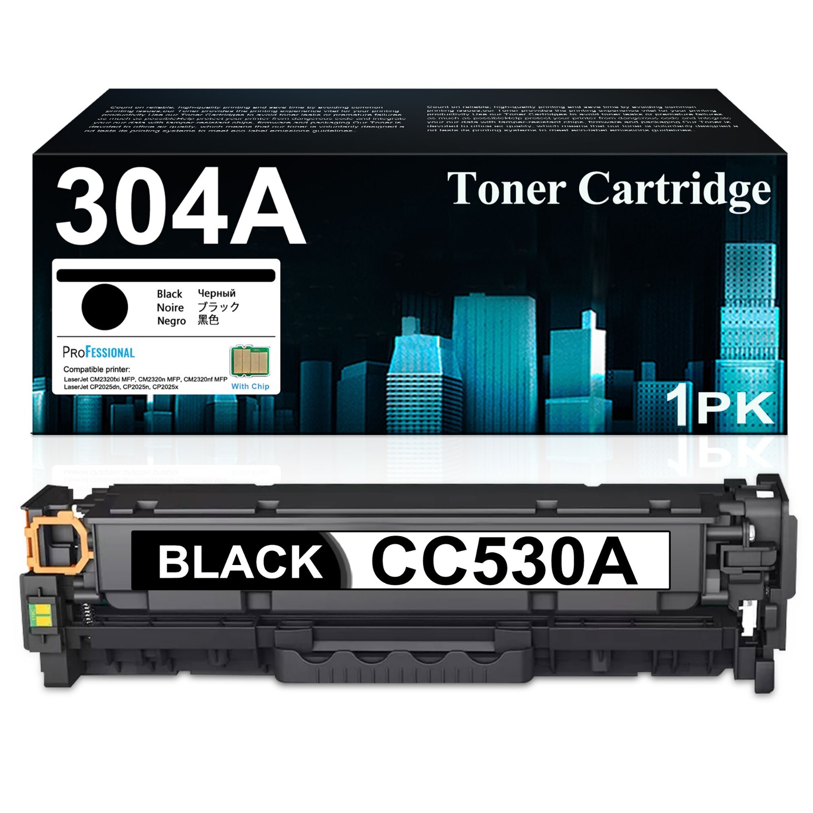 1-Pack 304A Black Toner Cartridge with Chip for HP CM2320nf MFP, CP2025 CC530A