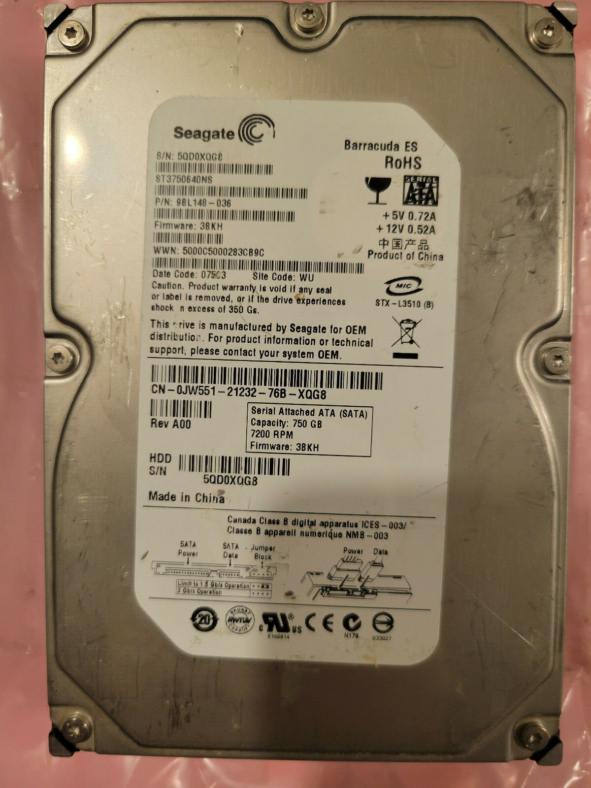 Seagate ST3750640NS 750GB PN 9BL148-036 FW 3BKH SATA 3.5" HD WU 5QD