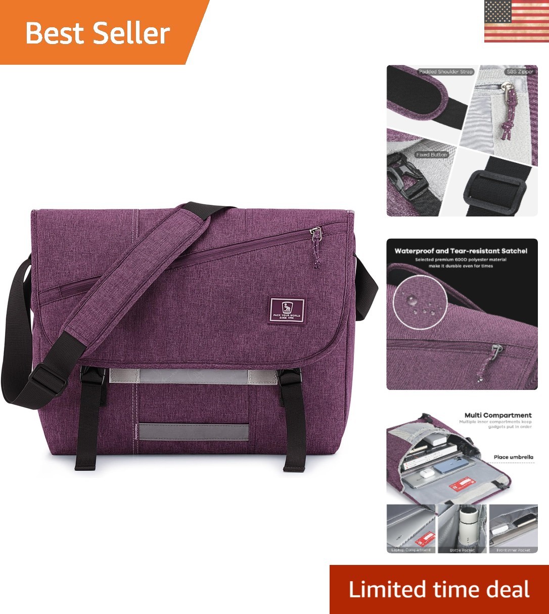 Elegant Purple Messenger Bag with Padded Laptop Compartment & Reflective Strips