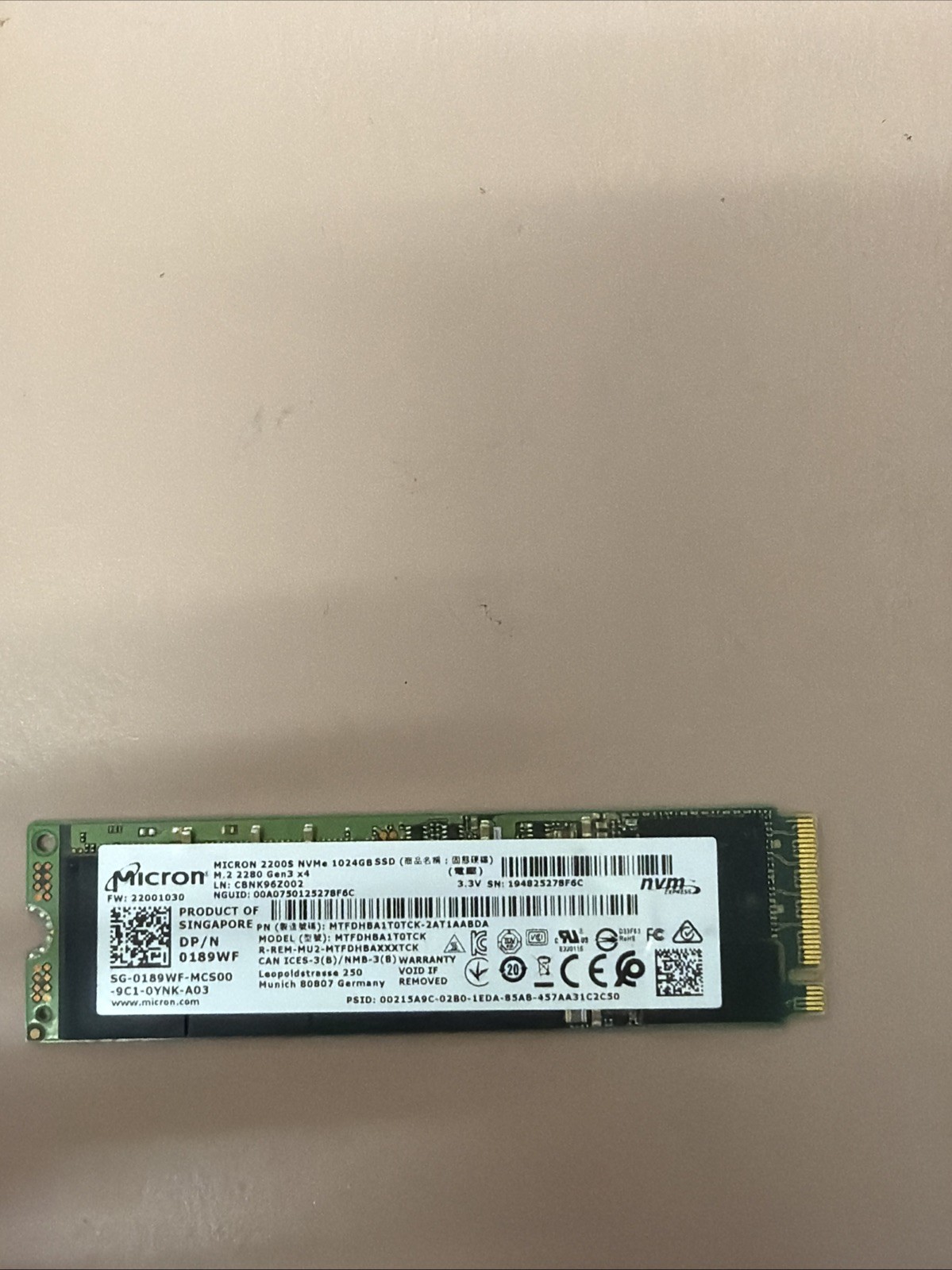 Micron 2300 1TB NVMe M.2 SSD PCIe Gen3 x4 MTFDHBA1T0TCK - 93% HEALTH