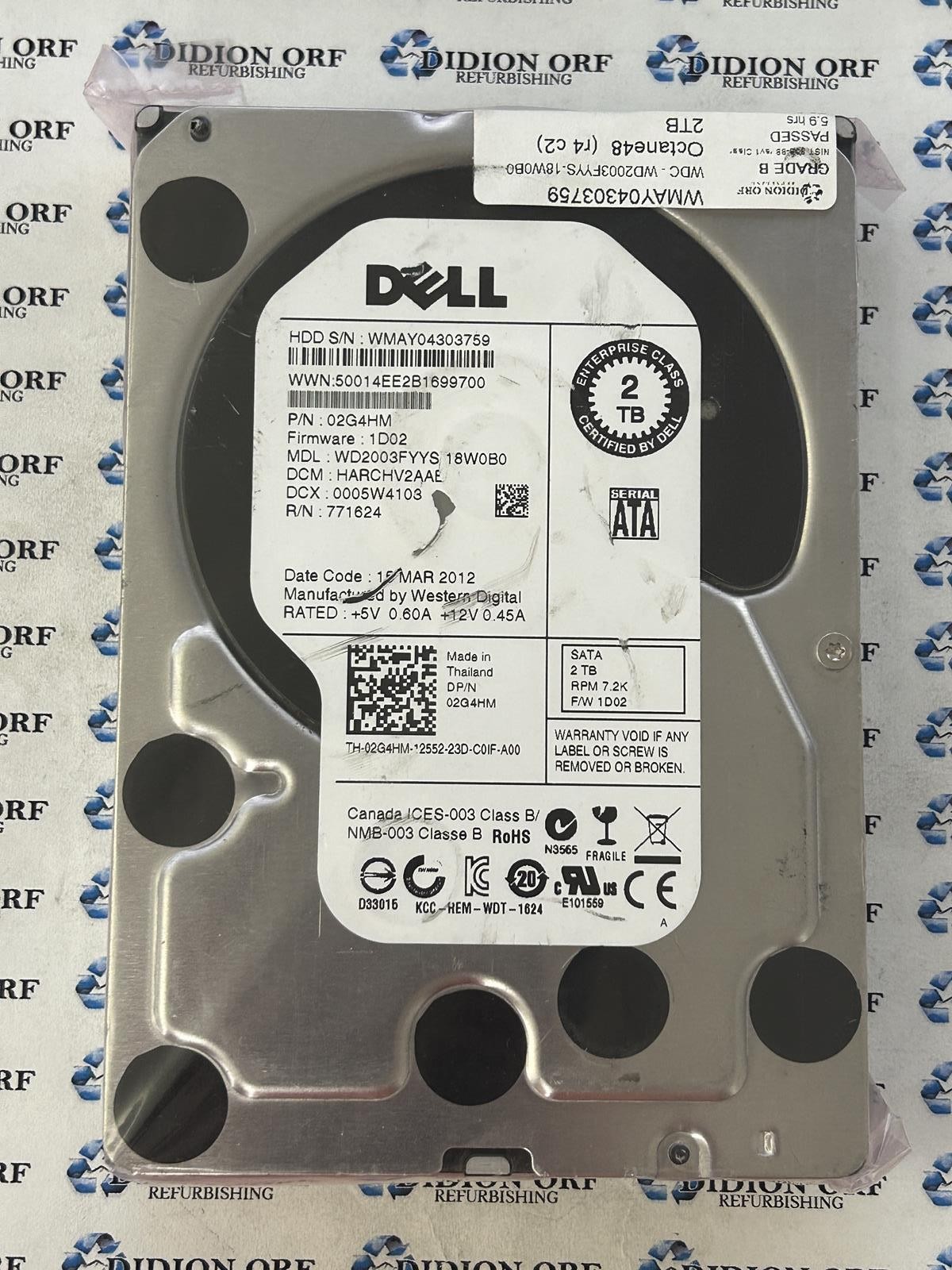 DELL 2TB 3.5" SATA HDD 7200 RPM WD2003FYYS-18W0B0, GRADE B, SKU 19244