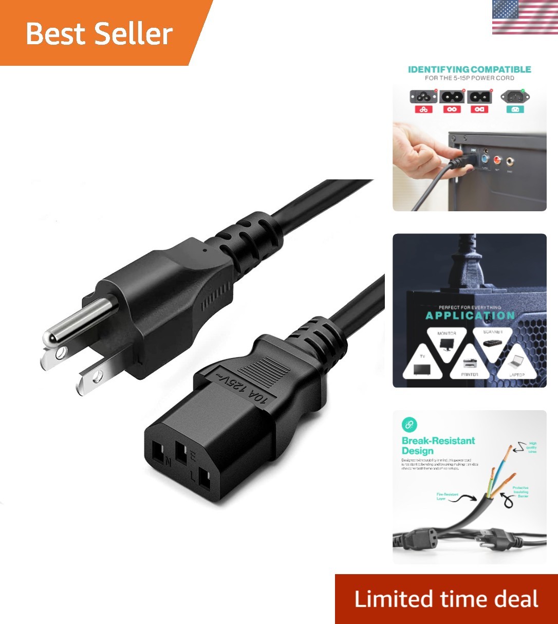 Brand New 3ft Black 10A 125V AC Power Cord for Electronics