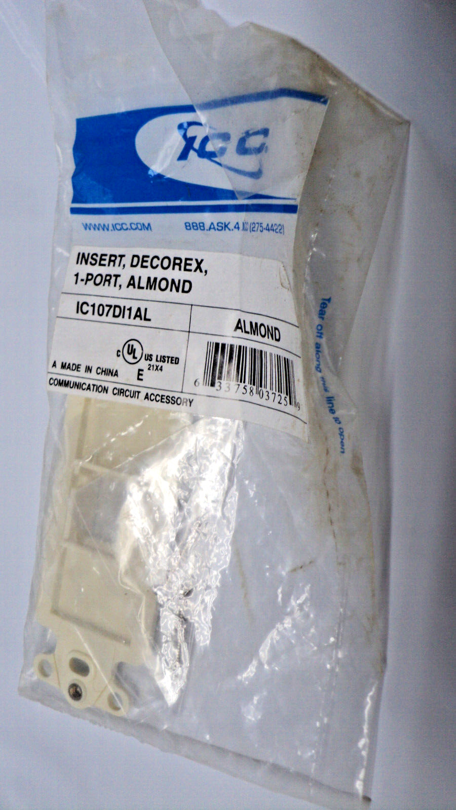 Lot of 2 New Sealed ICC Almond Wall Plate Insert Decorex 1-Port IC107DI1AL