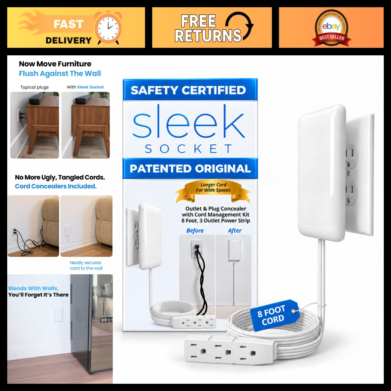Ultra-Thin Outlet Concealer Kit, Flat Extension Cord & Power Strip, Cord Managem
