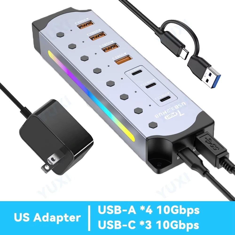 YUXI 7-in-1 USB 3.2 Gen 2 Hub Powered 10Gbps RGB Individual Switch US/EU