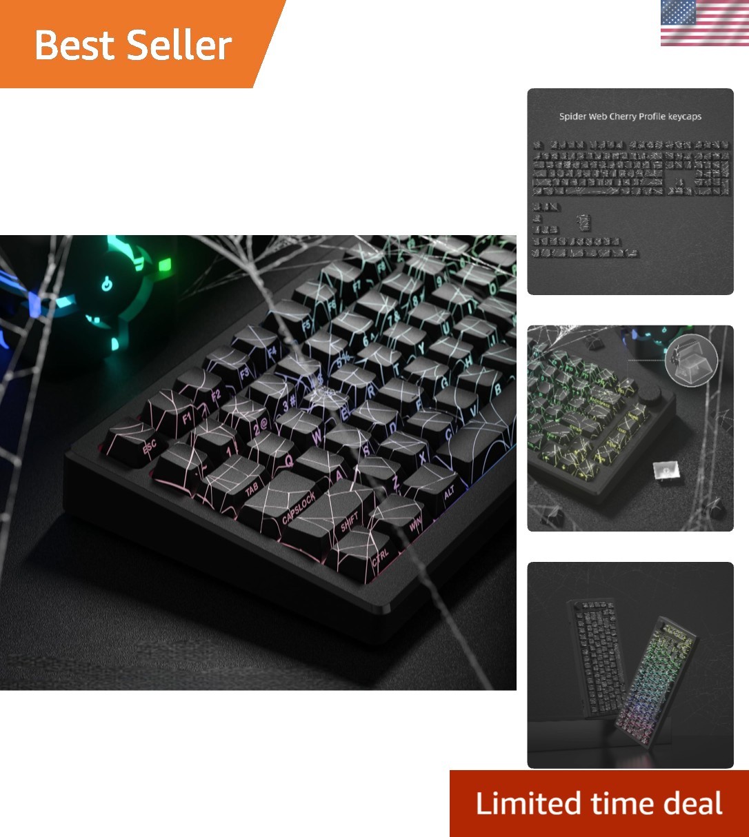 Unique Black Spider Web Keycaps with Shine-Through Legends for Custom Keyboards