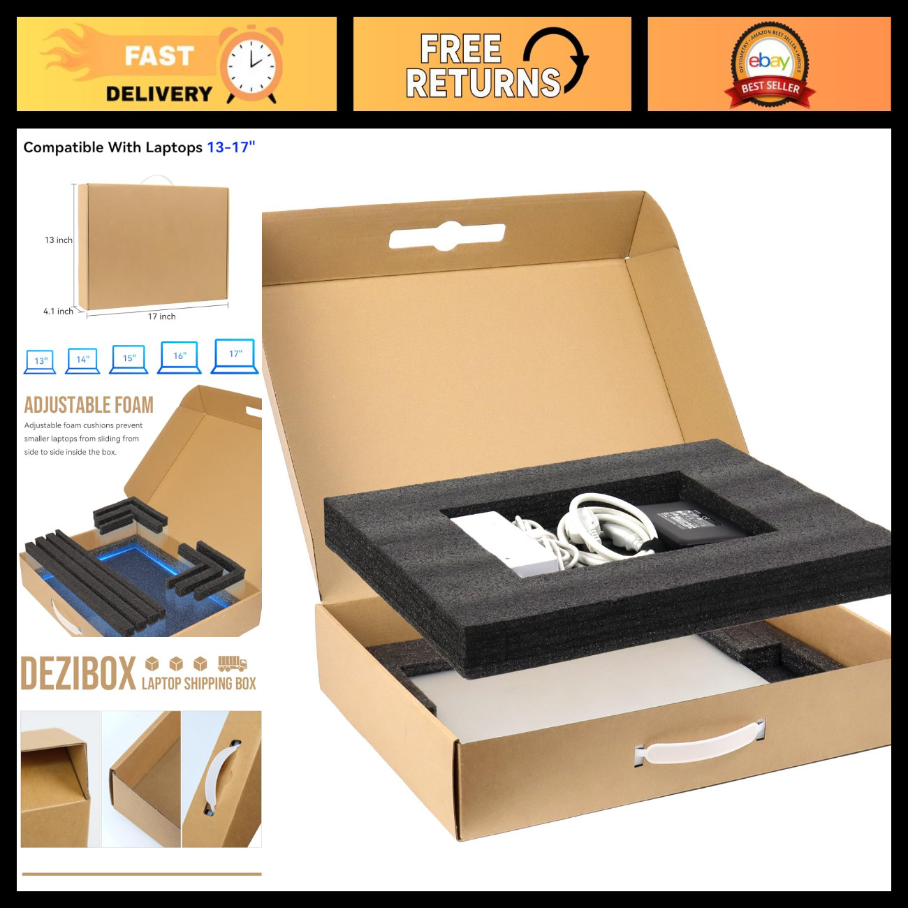 Secure Laptop Shipping Box with Foam Protection, Fits 13-17" Notebooks, Cardboar