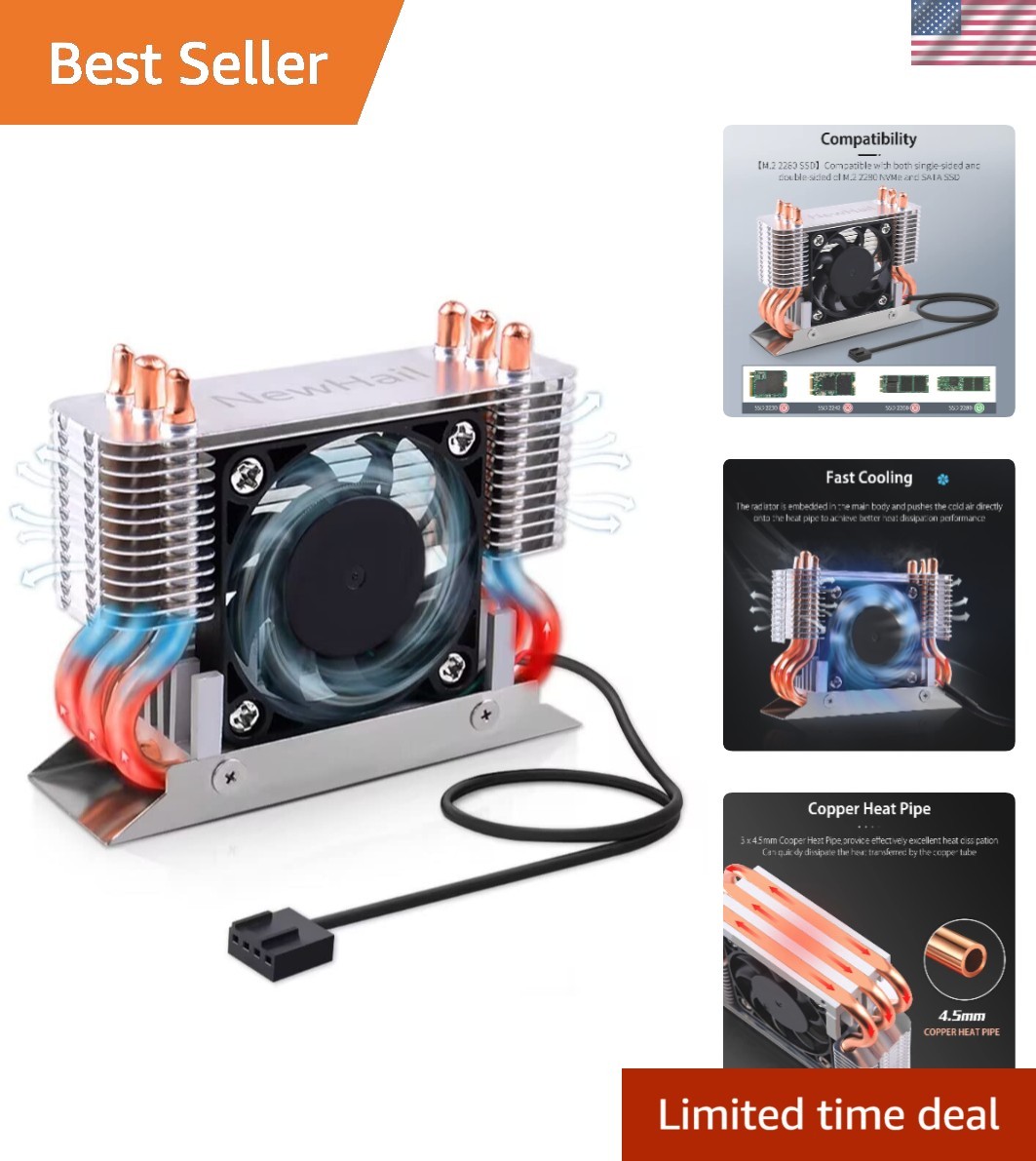 12V M.2 2280 SSD Heatsink with 40mm PWM Cooling Fan, Copper Heat Pipes and Th...