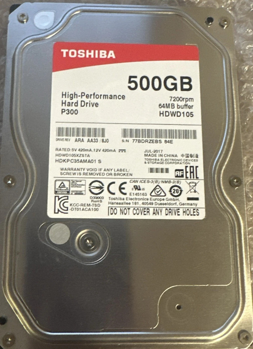 Toshiba P300 HDWD105 500GB 3.5" SATA 7200RPM 64MB HDD Hard Disk Drive