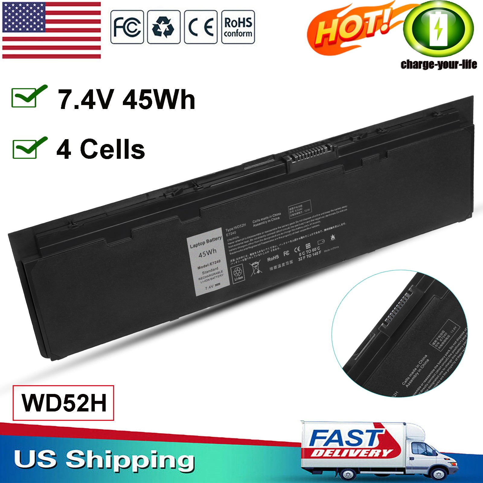 ✅WD52H 45Wh Battery For Dell Latitude 7000 E7240 E7250 F3G33 GVD76 451-BBFV NEW