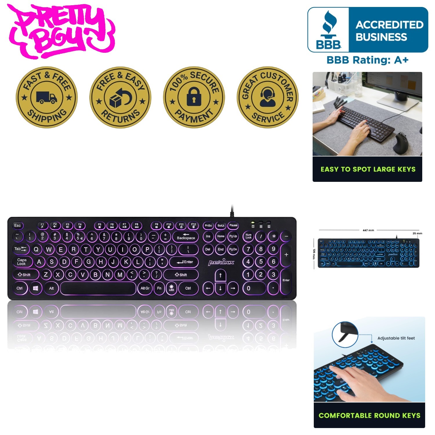 PERIBOARD-317R Wired Backlit Keyboard with Big Print - Tri-Color LED Style