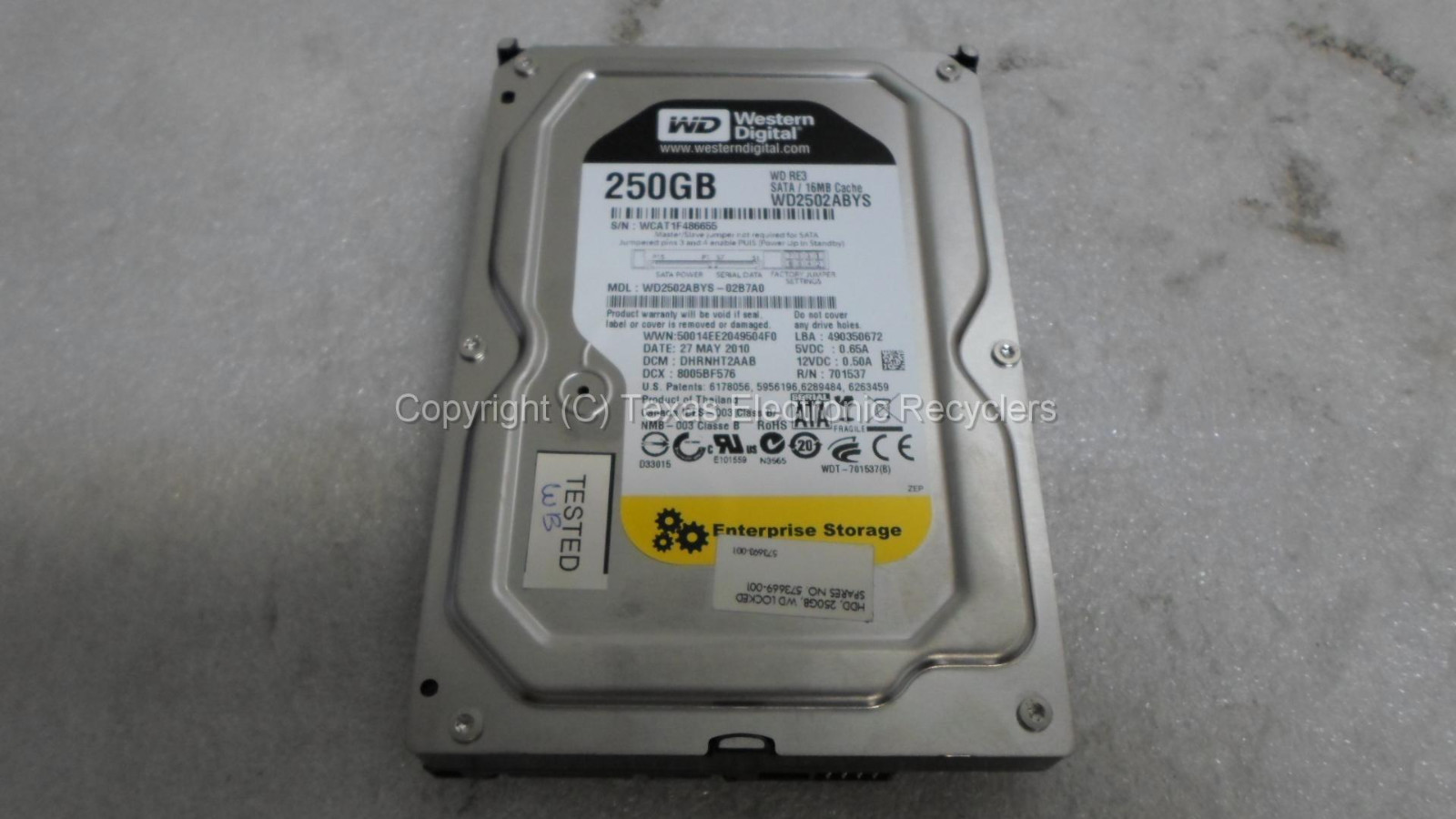 HP Western Digital 573669-001 WD2502ABYS-02B7A0 WD RE3 SATA 16MB WD250ABYS 250GB