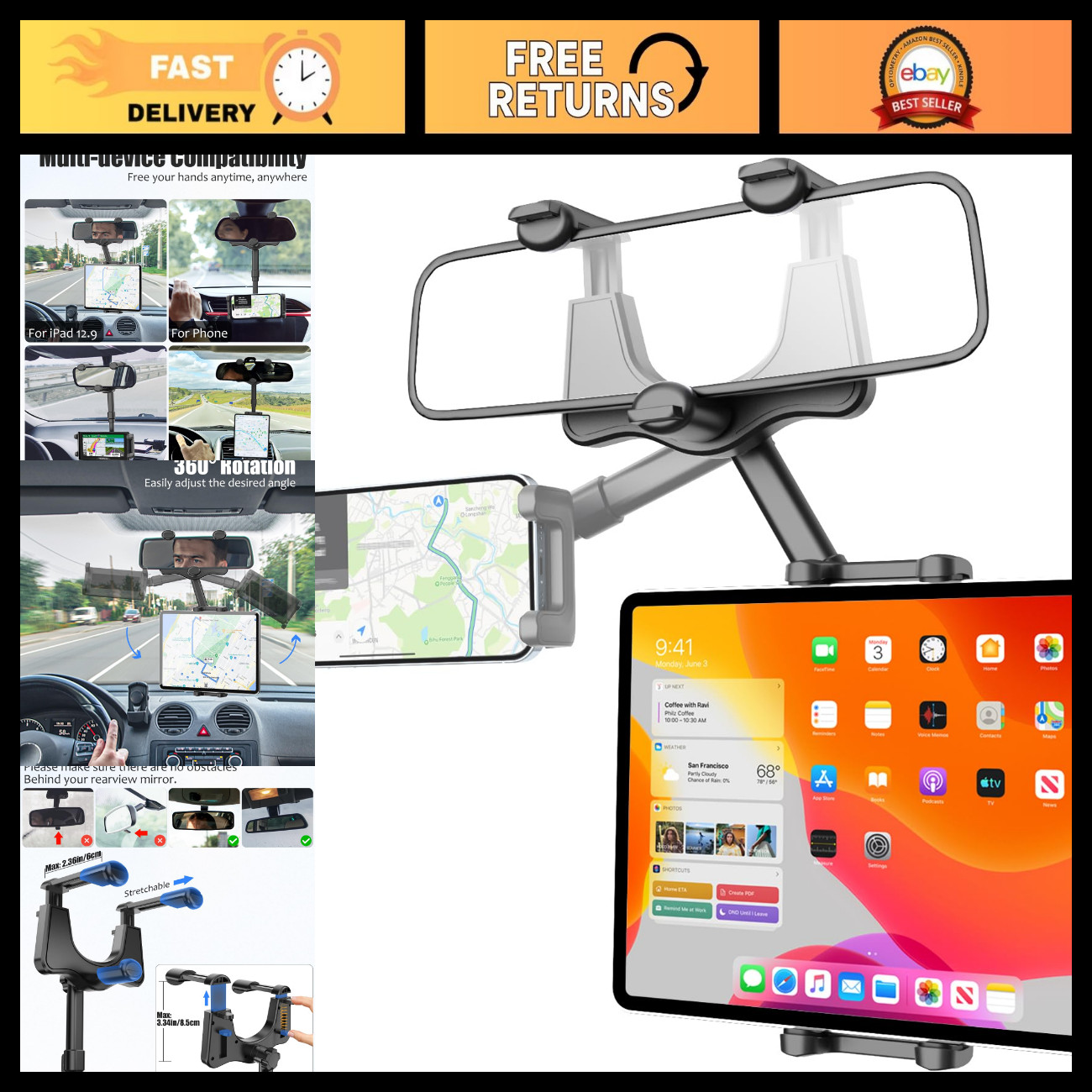 Universal Car Rear View Mirror Tablet Holder, 360° Rotatable Phone Mount for 4-1