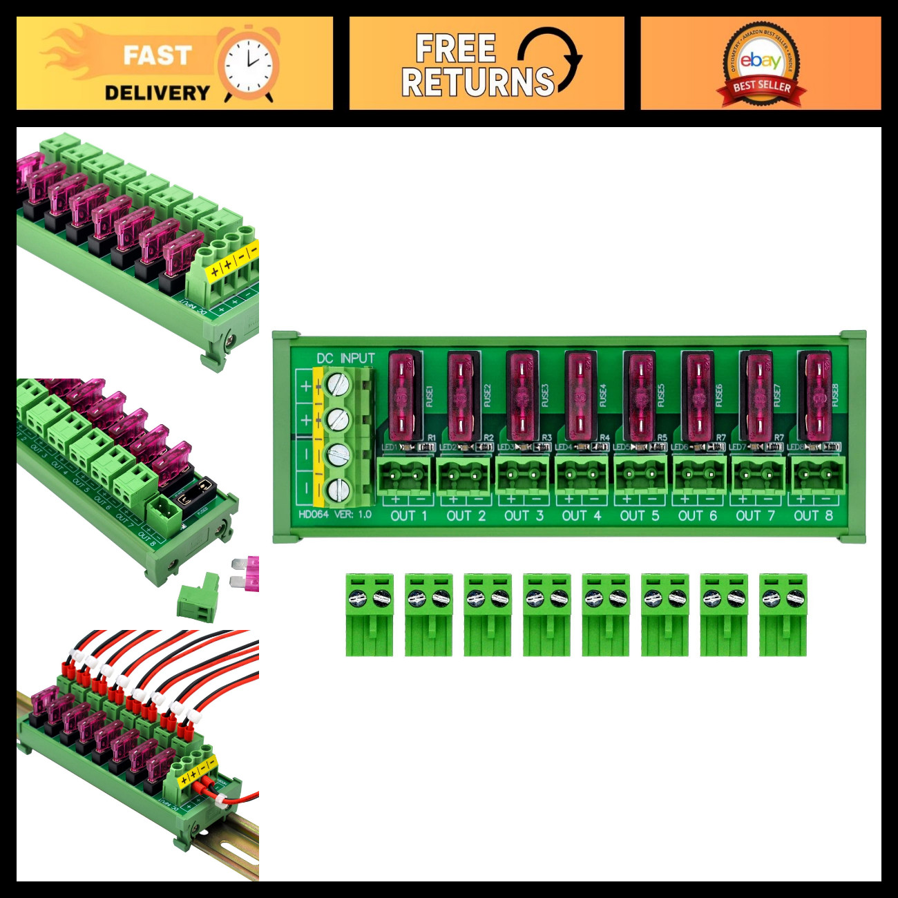 8 Channel DIN Rail Mount Terminal Block Power Distribution Fuse Module 5-32V