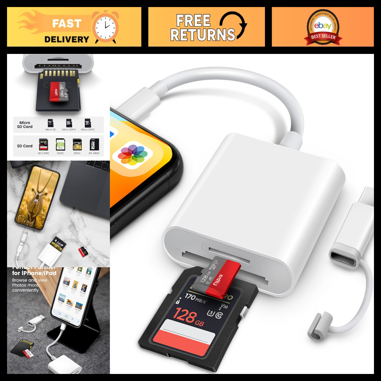 Dual Connector SD Card Reader for iPhone & iPad, USB-C & Lightning Adapter, Supp