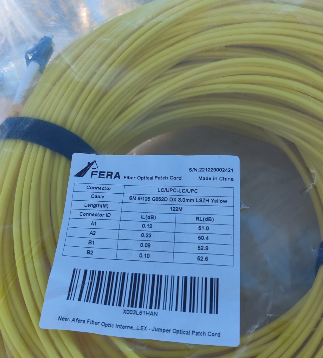 Fiber Optic Patch Cord LC/UPC - LC/UPC 122 M SM 9/125 G652D DX 3.0mm LSZH Yellow