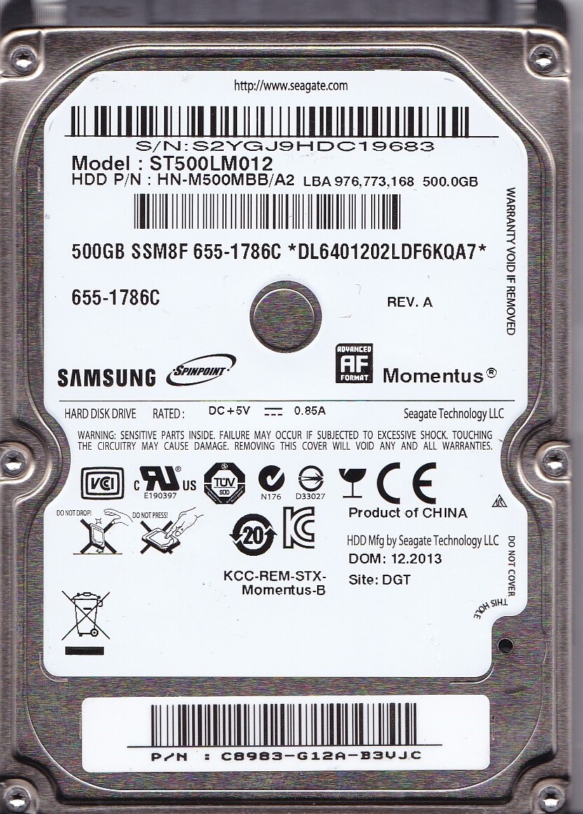 ST500LM012 HN-M500MBB/A2 sn: S2YG 2013 500GB SATA 2.5" SAMSUNG/ Apple 655-1786C