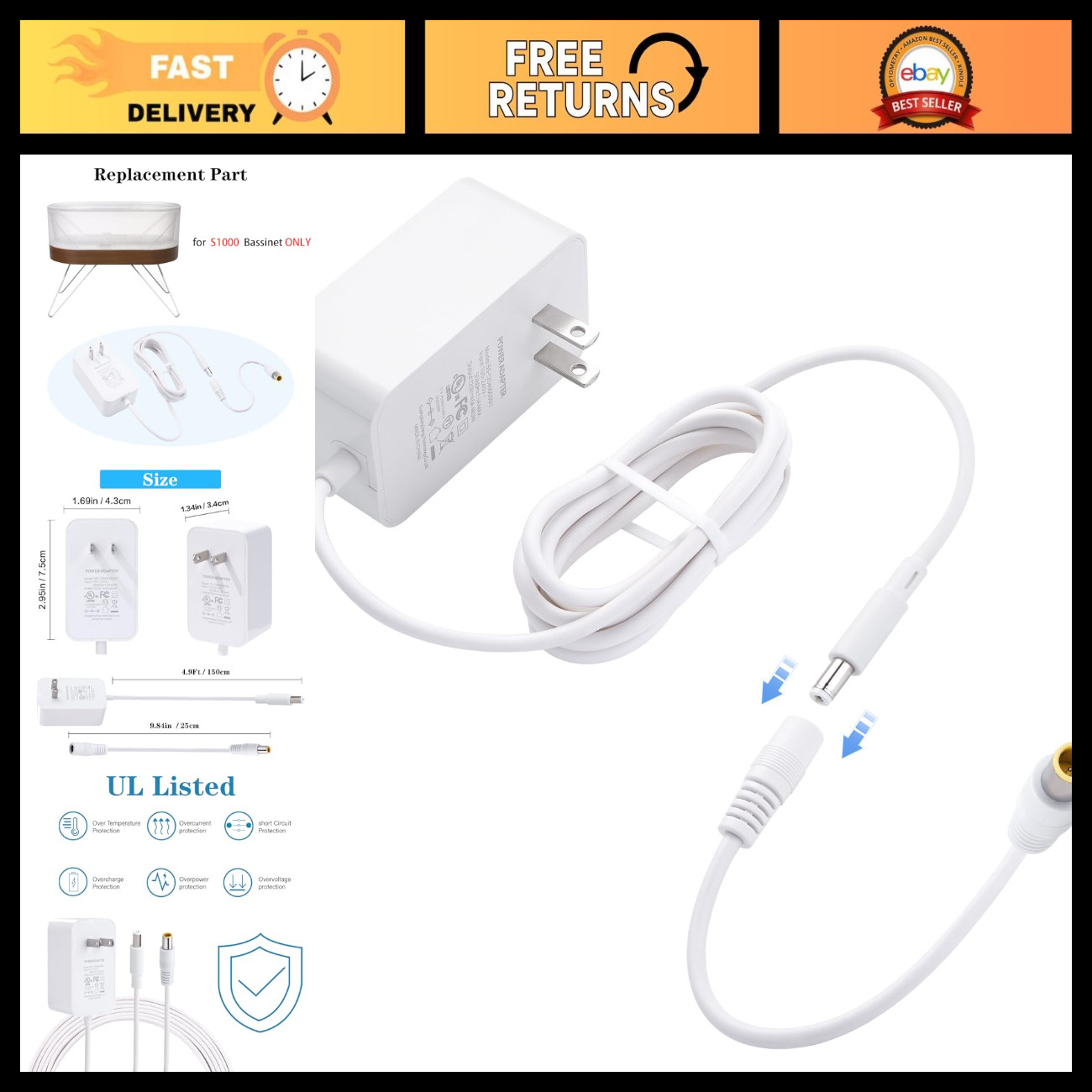 12V 4A Charger Adapter for Snoo Bassinet, Replacement Power Cord, White Plug