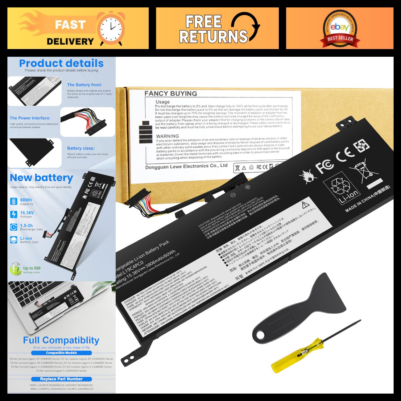 15.36V 60Wh Laptop Battery Replacement for Lenovo Legion 5 Series, Compatible Mo