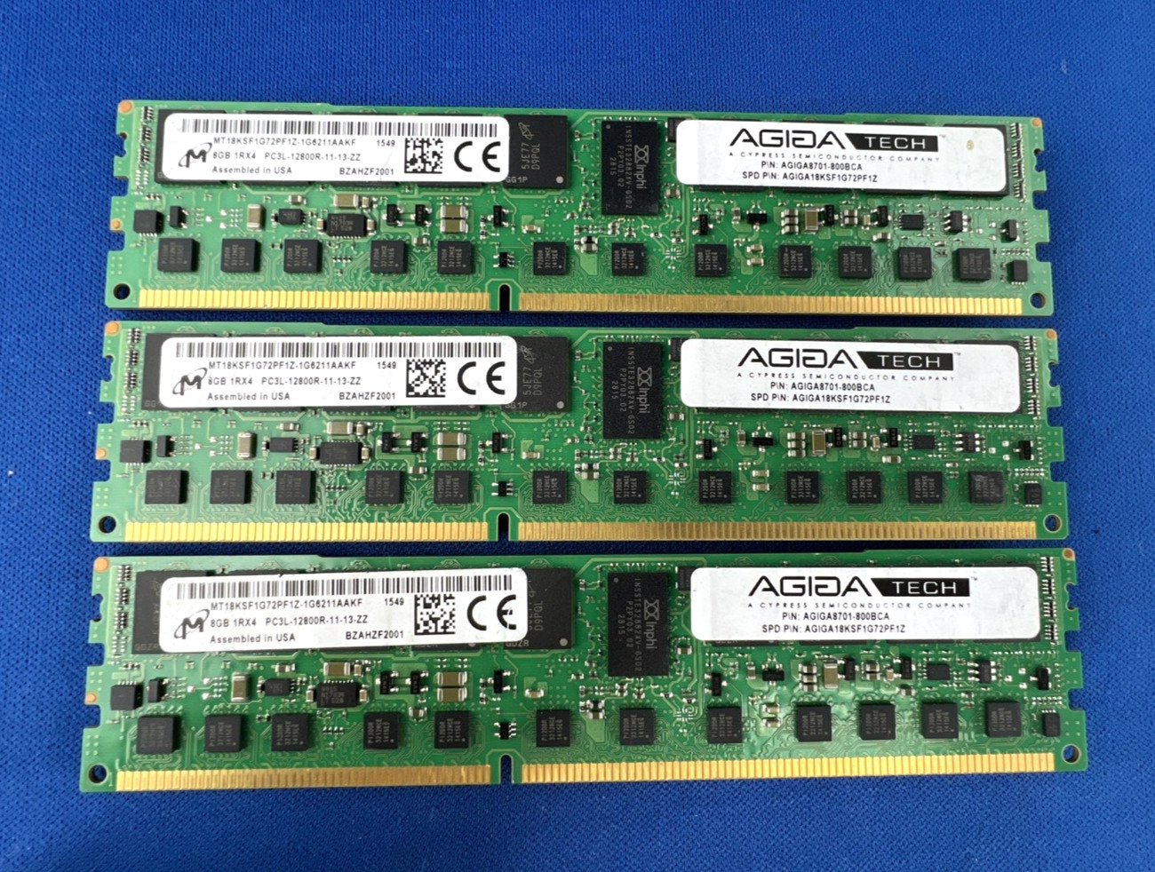 LOT 3x Agiga Tech 8GB DDR3-1600 ECC NVDIMM AGIGA18KSF1G72PF1Z 24GB PC3L-12800R