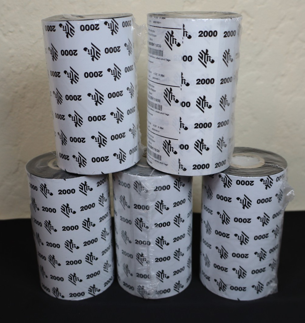Zebra Lot of 5 Perf 2000 Wax Ribbon Rolls #2000BK11030, 110mmX 300m per roll