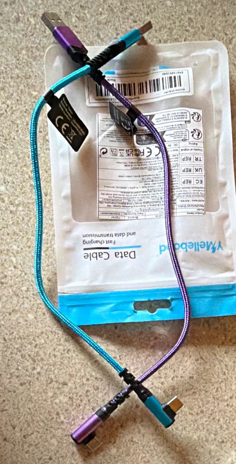 Braided 2/13 inch Purple/Blue USB-A & USB-C to USB-C Adapter Cable