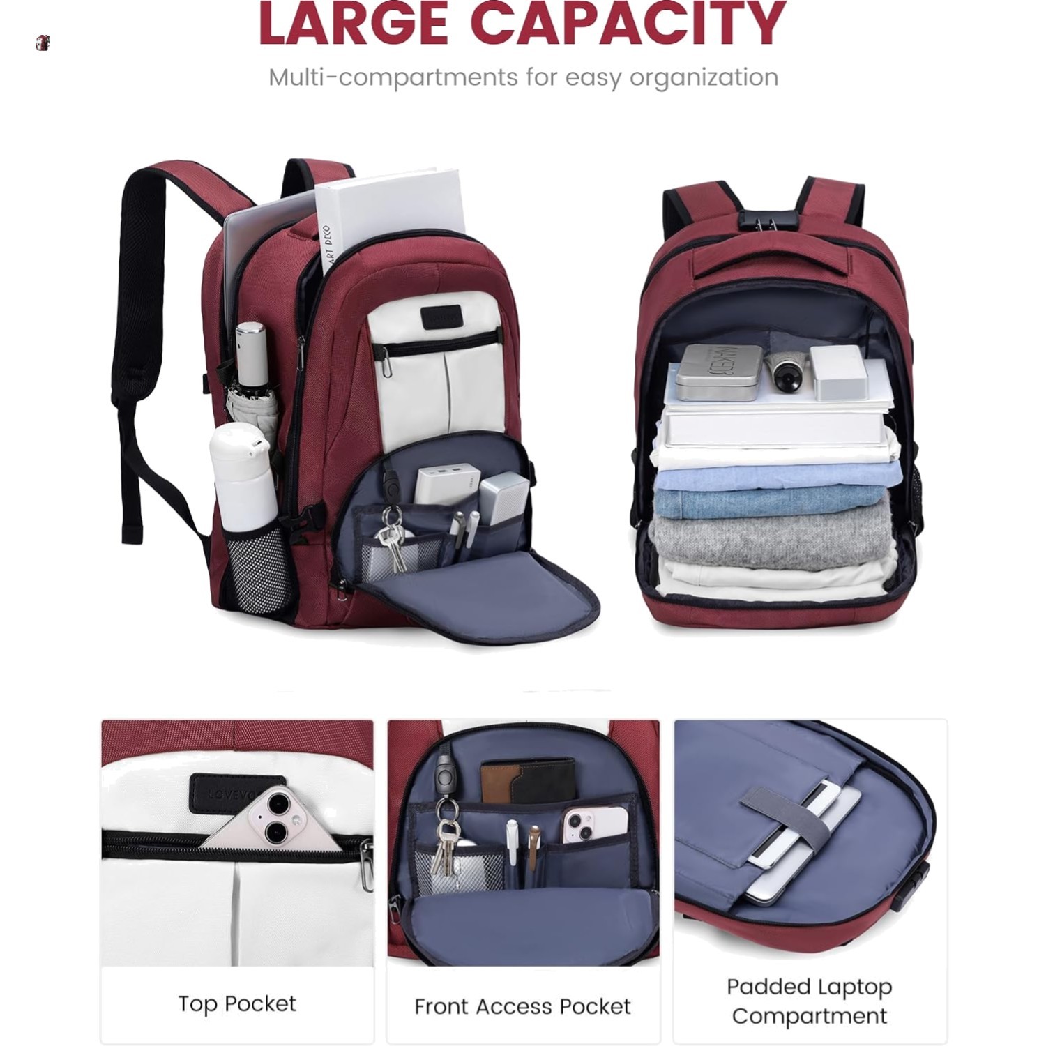 Modern Red Waterproof Travel Backpack with Wheels & 18 Pockets for Organization