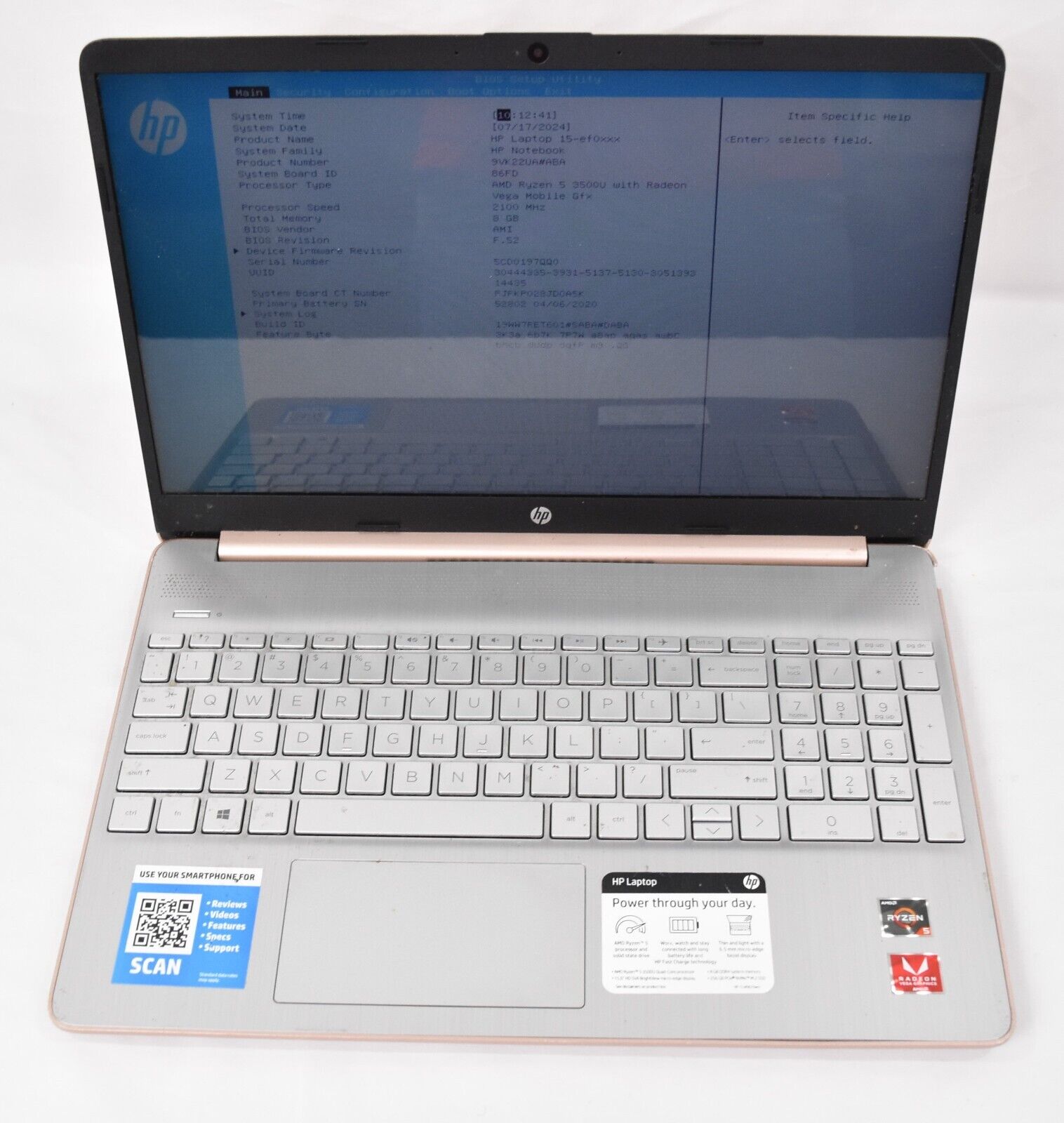 HP 15-ef0025wm Laptop Ryzen 5 3500U 2.1GHz 8GB RAM 256GB SSD Parts or Repair