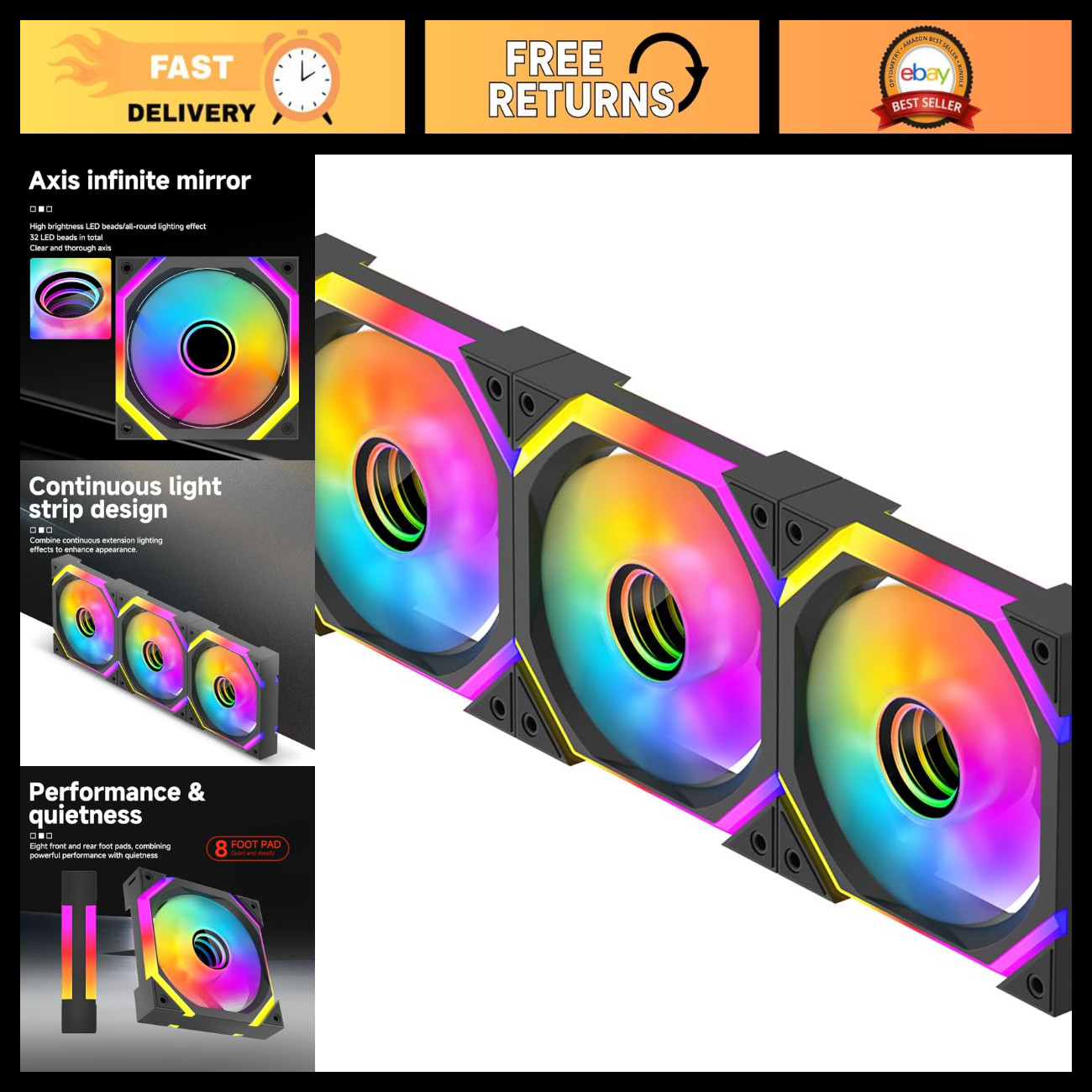 120mm ARGB Computer Case Fans - Infinity Mirror RGB, 5V 3PIN, PWM, Triple Pack