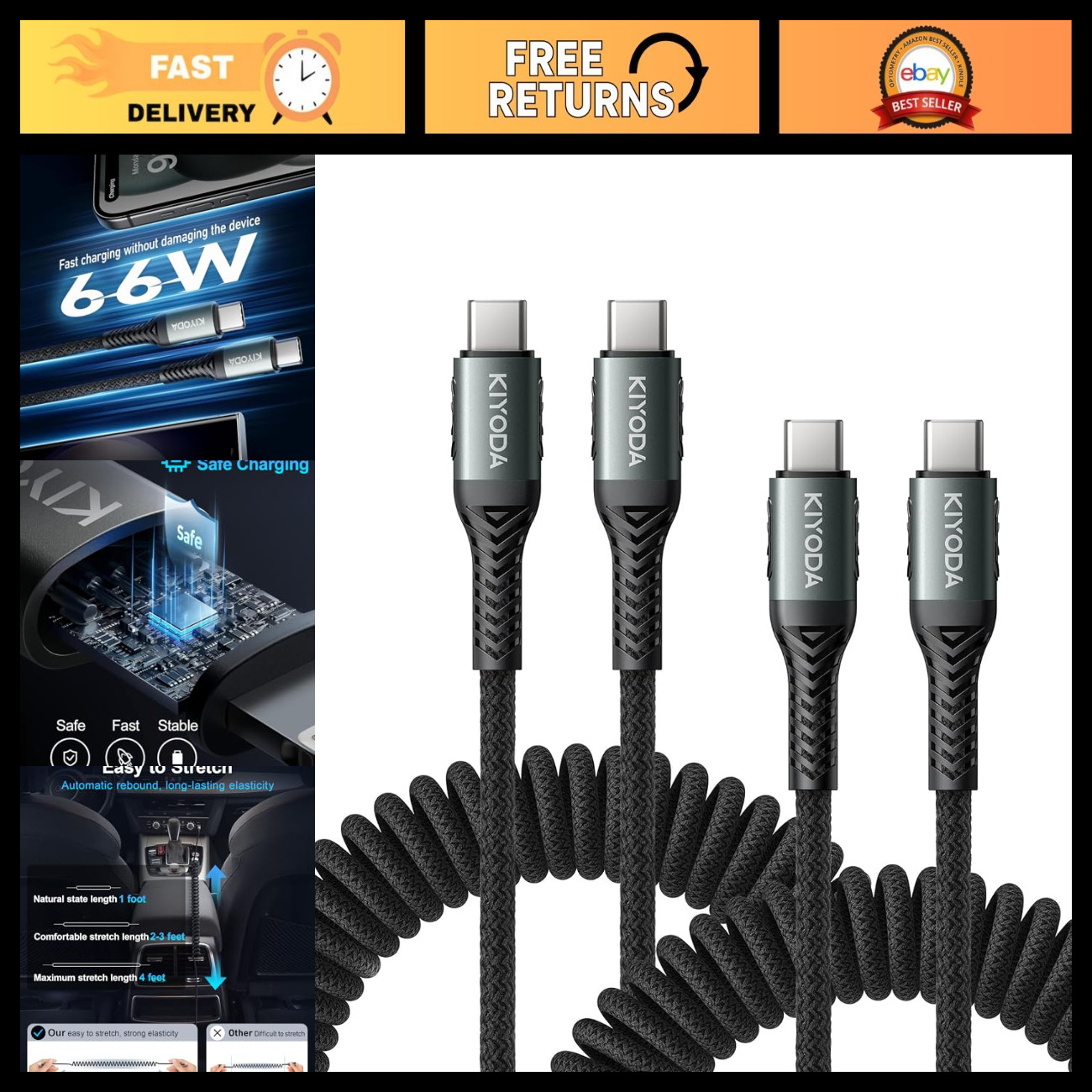 Coiled 3FT USB C to USB C Cable 2-Pack, Braided Type C Charger for Car - Black