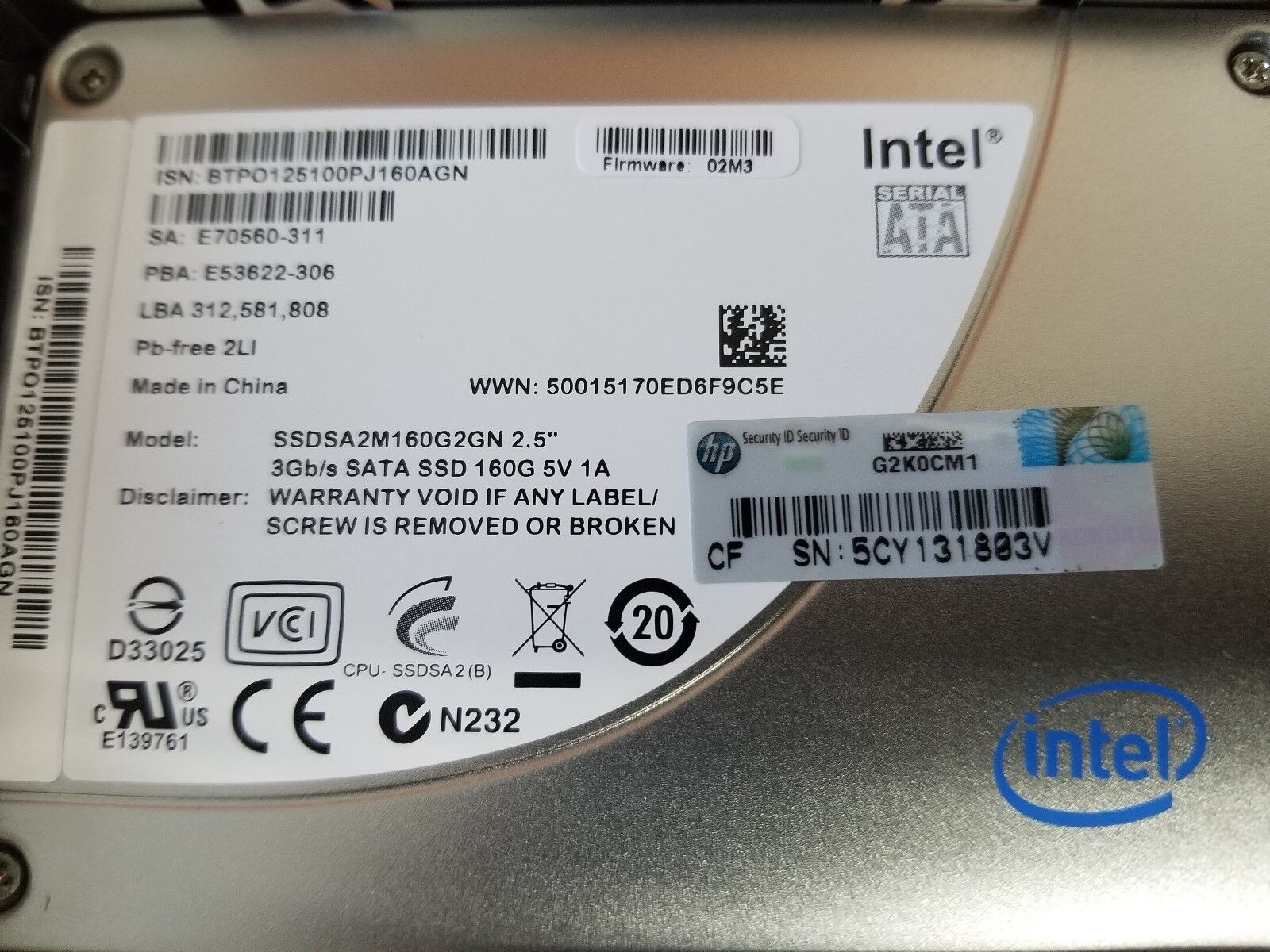 Intel SSDSA2M160G2GN 160GB 3Gb/s SATA 2.5