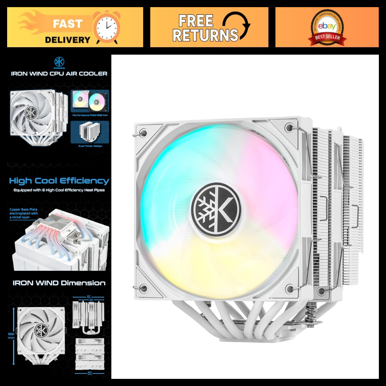 Dual Towers CPU Air Cooler 120mm ARGB for AMD Intel, High Performance, White