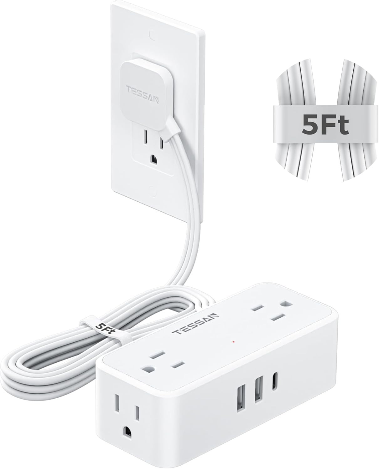 Tessan Flat Plug Extension Cord 5 Ft Surge Protector Power Strip 4 Ac Outlets 1