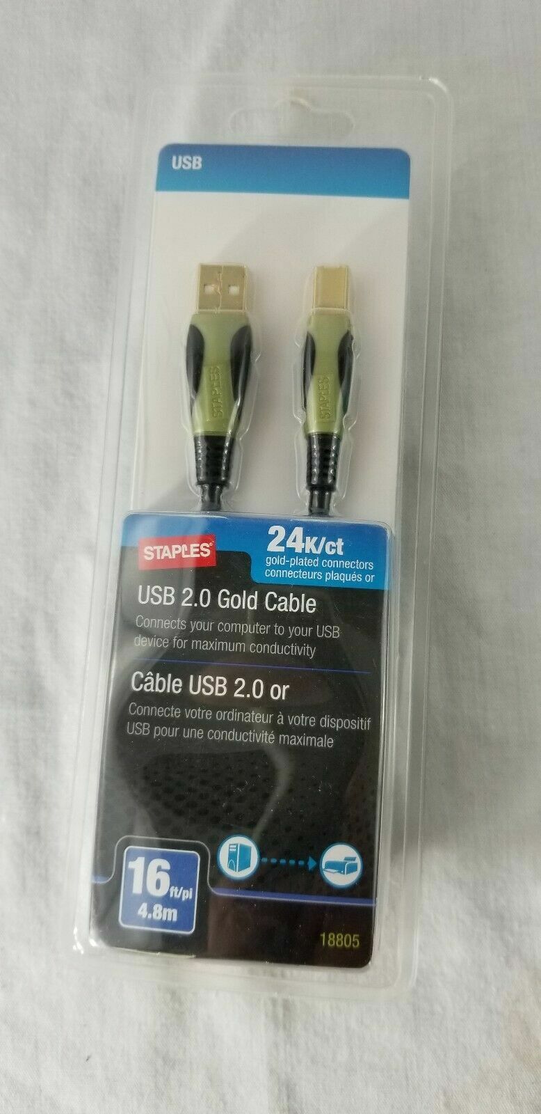 New Sealed Staples 24K Gold Plated USB 2.0 Gold Cable 16ft