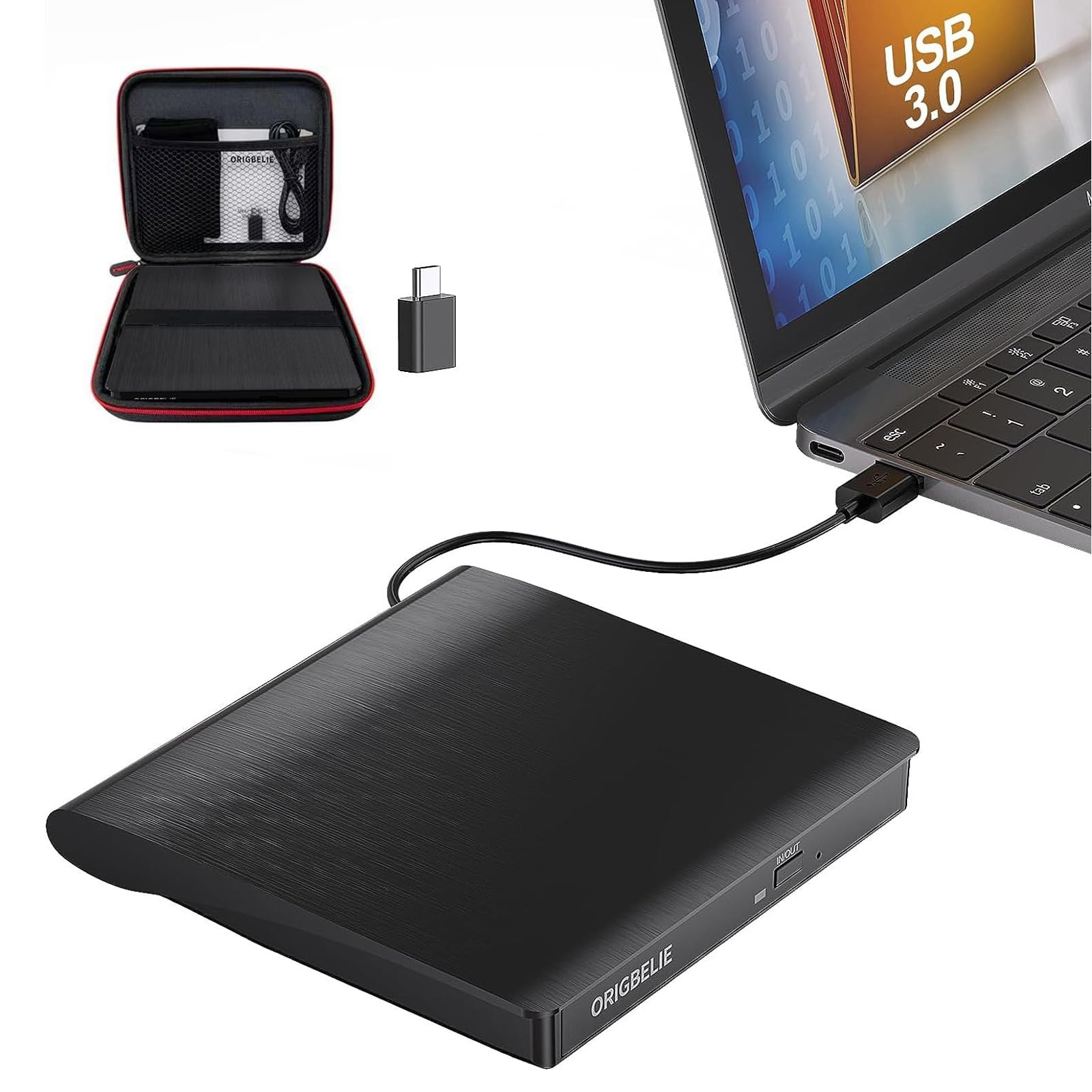 ORIGBELIE External CD DVD Drive for Laptop, USB 3.0 Portable Standard, Black