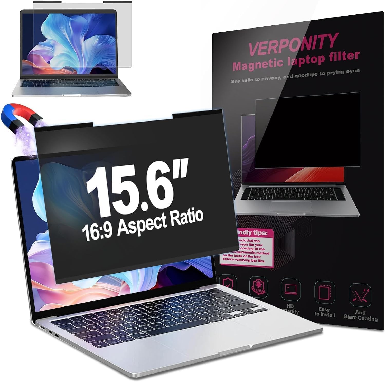 Magnetic Laptop Privacy Screen 15.6 Inch 16:9 Display, Removable Computer Shield