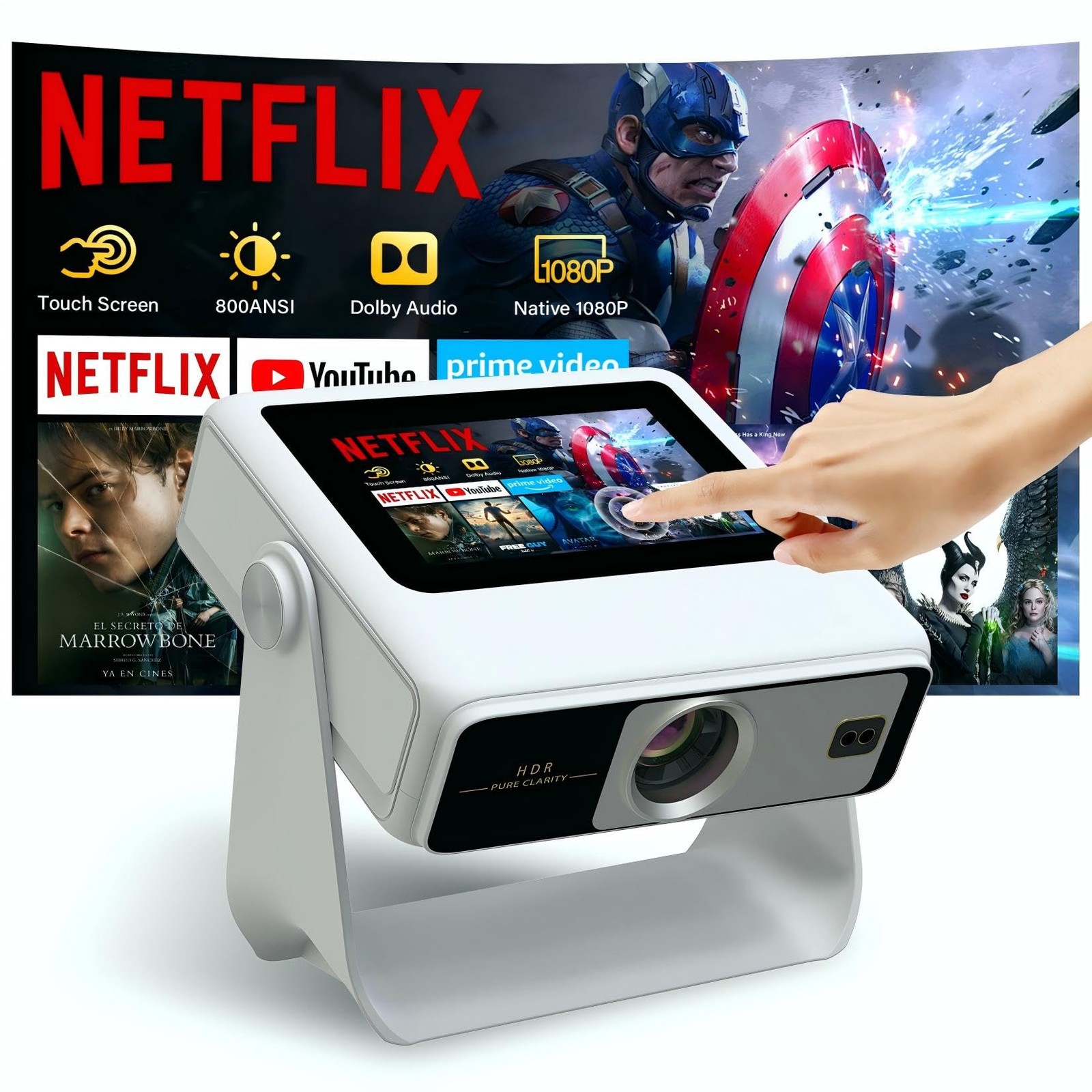 Smart Projector with WiFi and Bluetooth, 4K Supported Native large, White