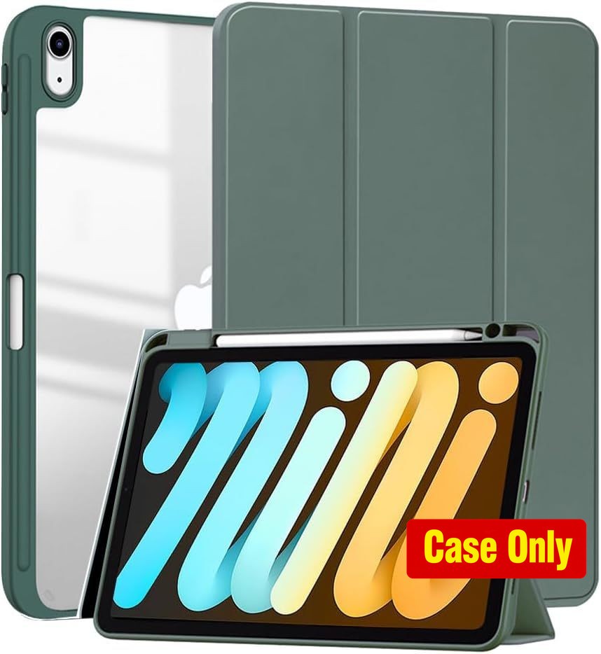 Clear Case for iPad mini 7 2024, Dark Green, Pencil Holder, Smart Stand