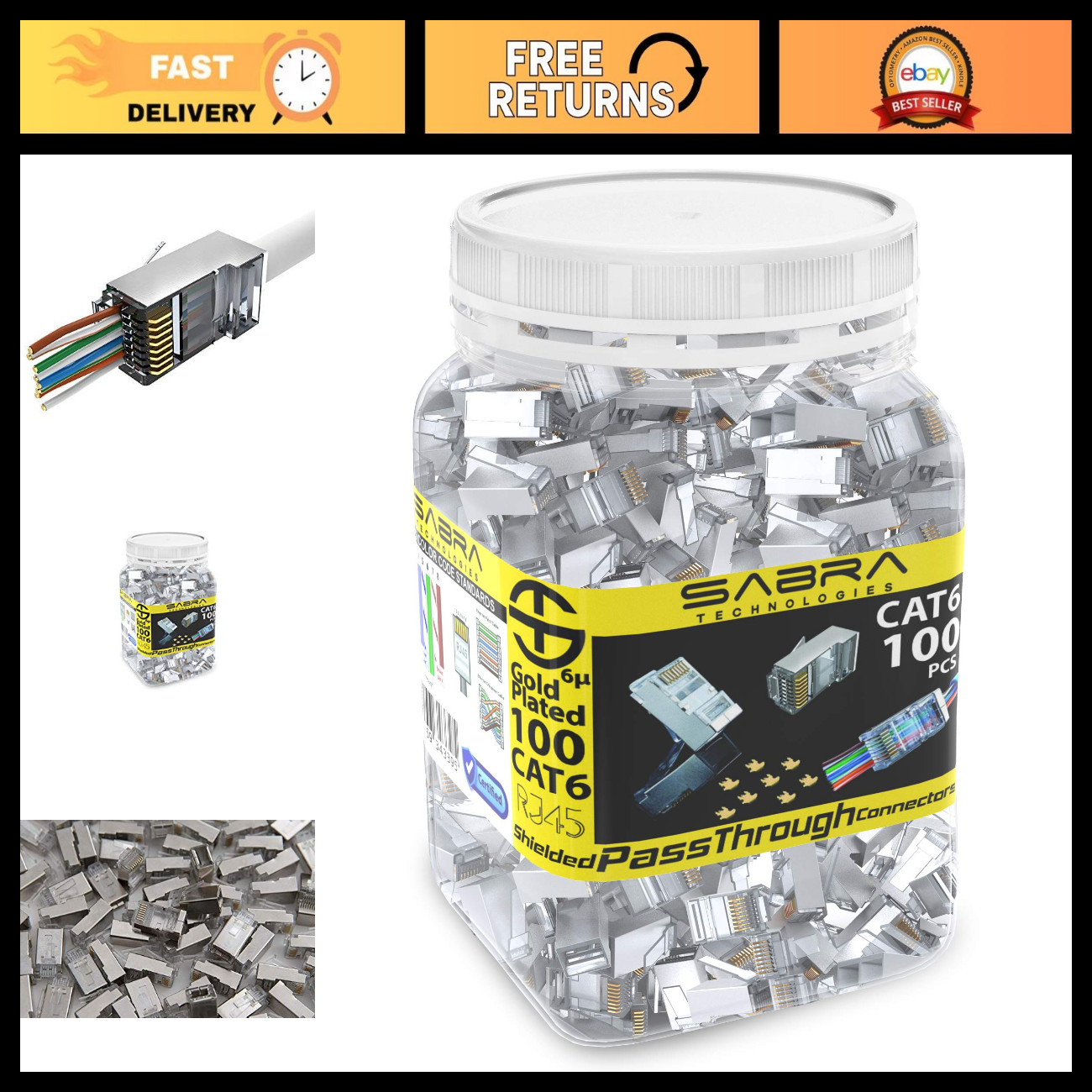 100-Pack Shielded RJ45 Connectors Cat 6A, 50µ Gold Plated, Pass Through, Etherne
