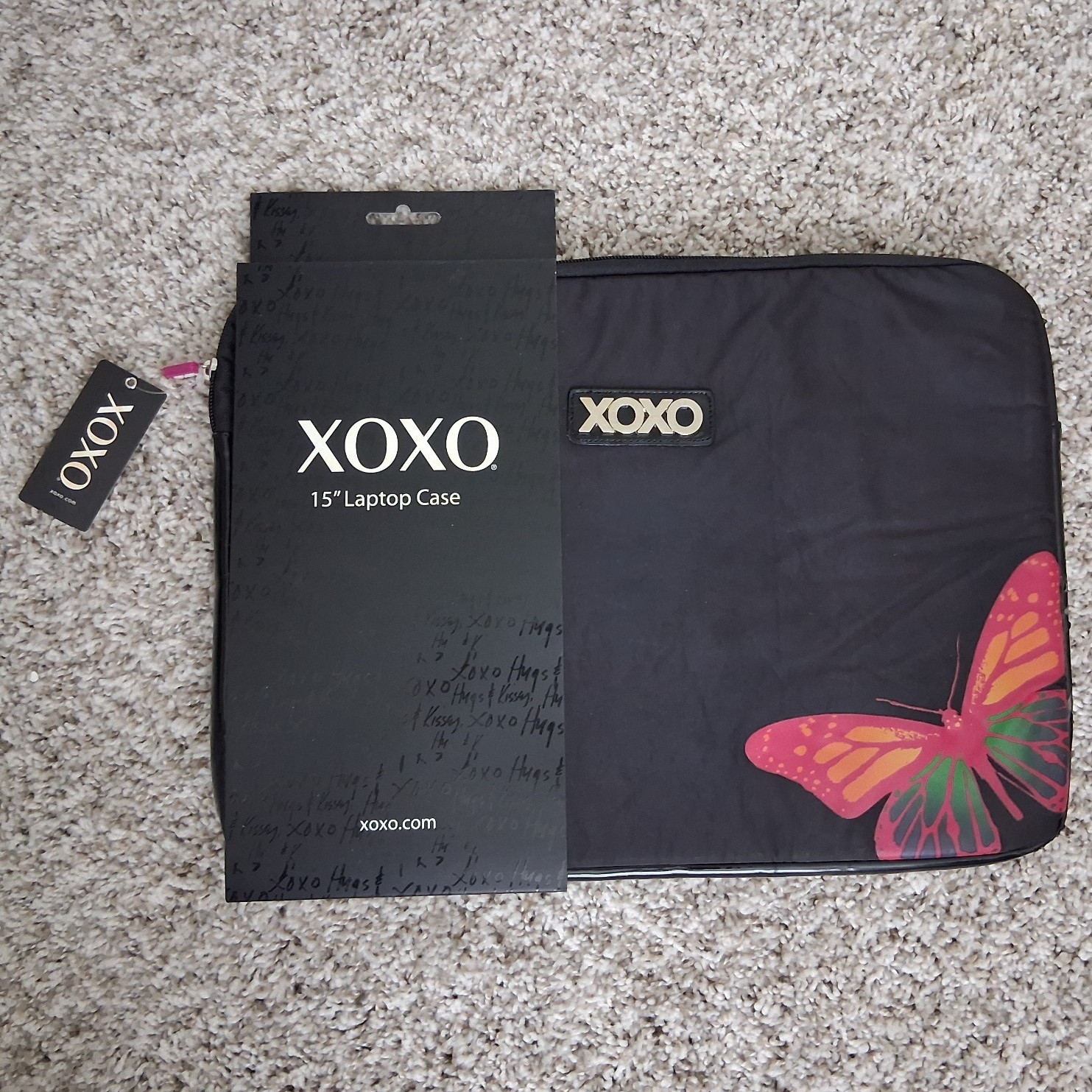 XOXO 15in Neoprene Padded Laptop Sleeve Case Zipper, Black/Pink Butterfly