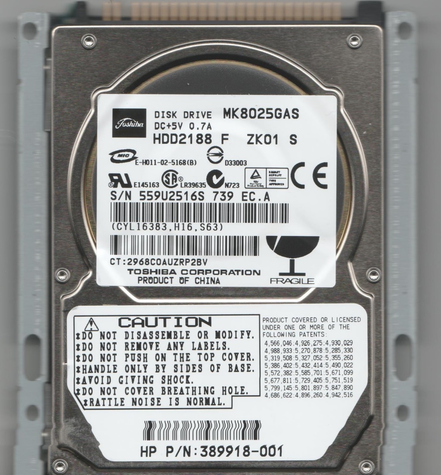 Toshiba Disk Drive MK8025GAS HDD2188 F ZK01 S  80gb IDE HP# 389918-001