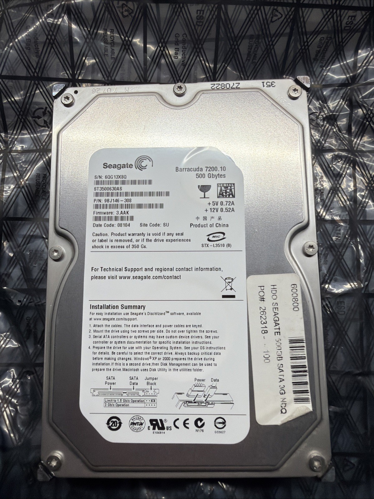 Seagate ST3500630AS 500GB SATA/300 7200RPM 16MB Hard Drive 3.5 Inch Very Good