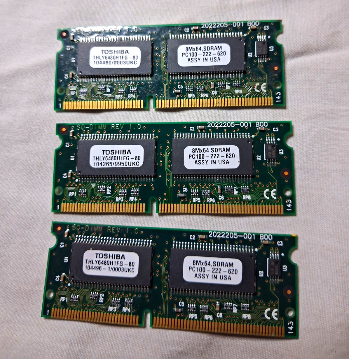 Lot 3 Toshiba 64MB PC100 SDRAM 144-Pin SO-DIMM 2022205-001 Vintage Tested