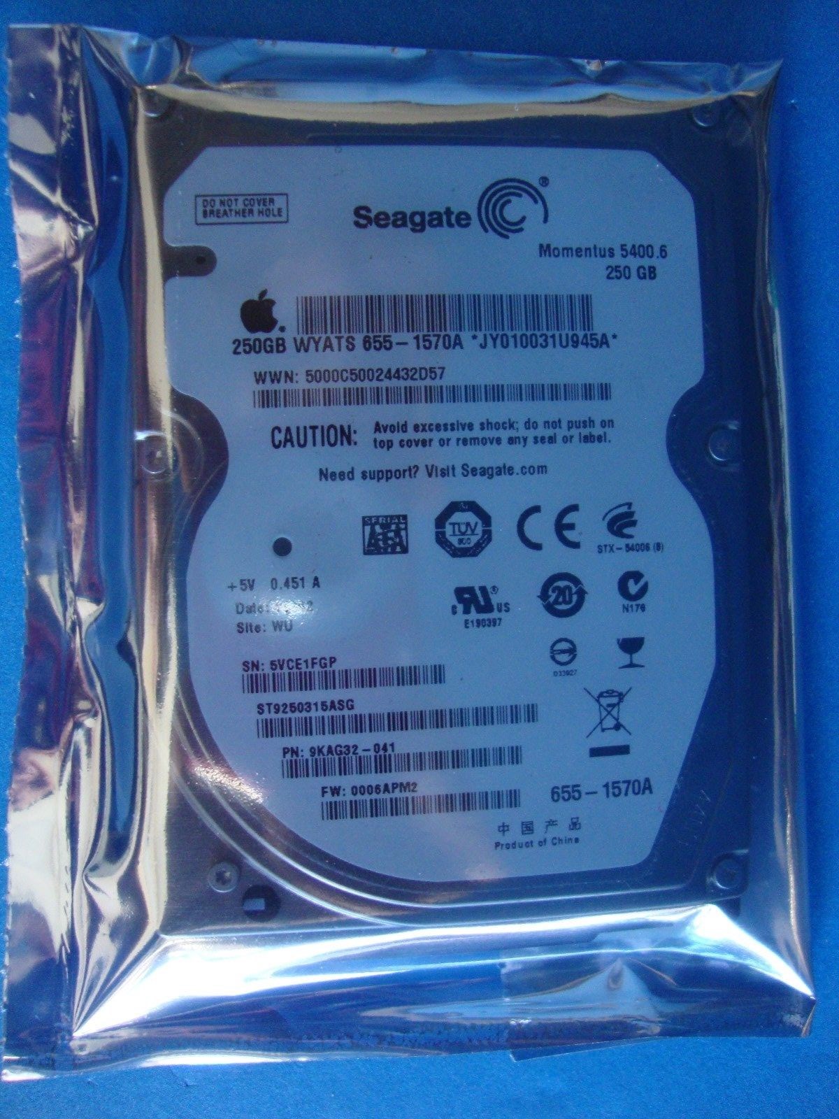 Seagate ST9250315ASG P/N: 9KAG32-041 F/W: 0006APM2 MAC 655-1570A WU 5VC 250GB