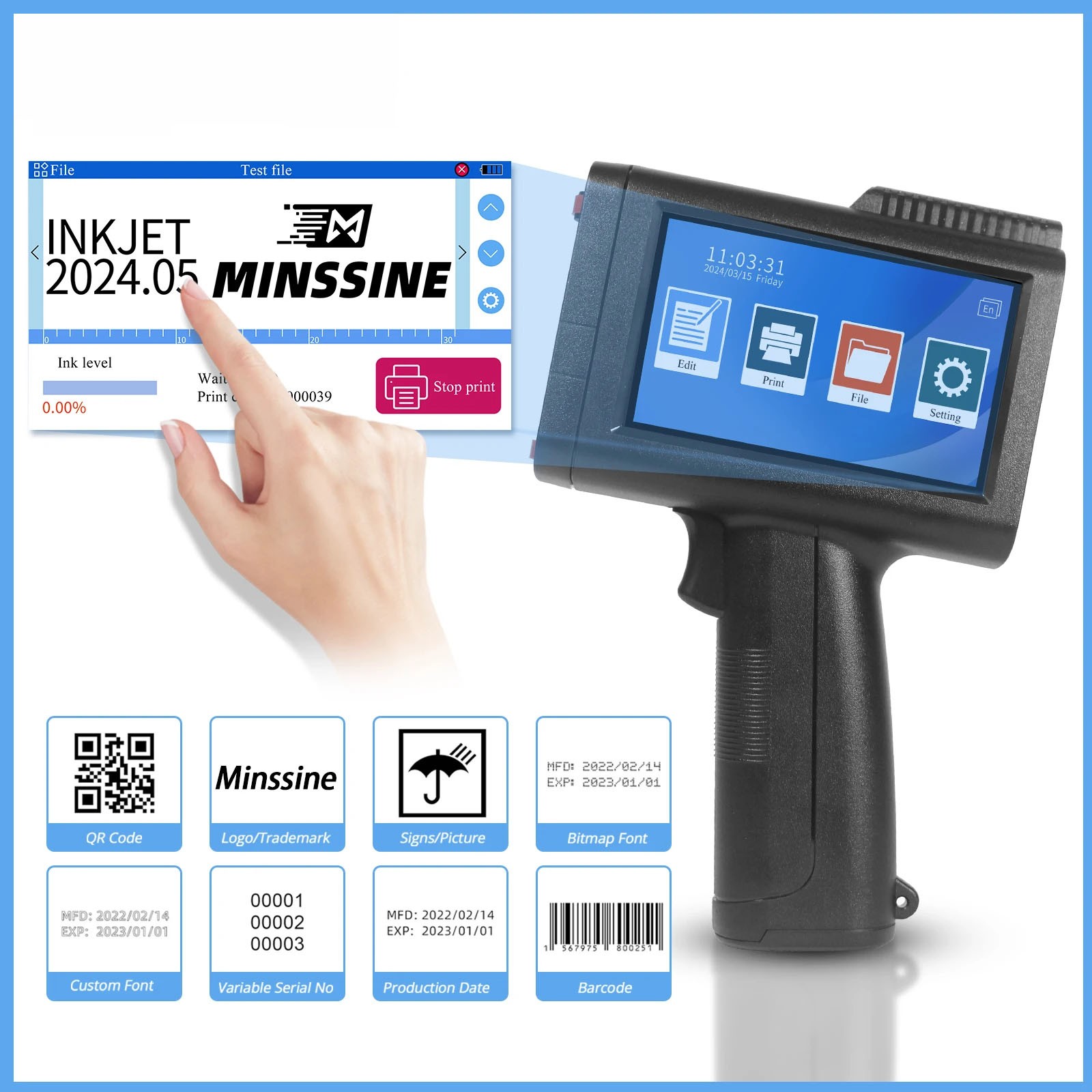 12.7mm handheld inkjet printer prints expiration date, batch number, brand logo
