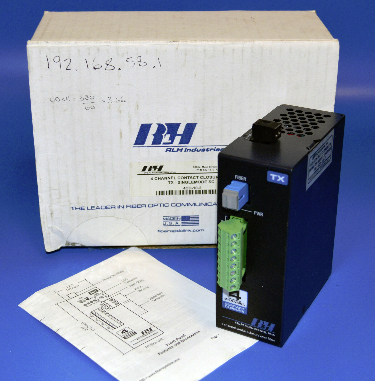 RLH Industries TX 4 Channel Contact Closure Over Fiber 4CD-10-2 SingleMode SC