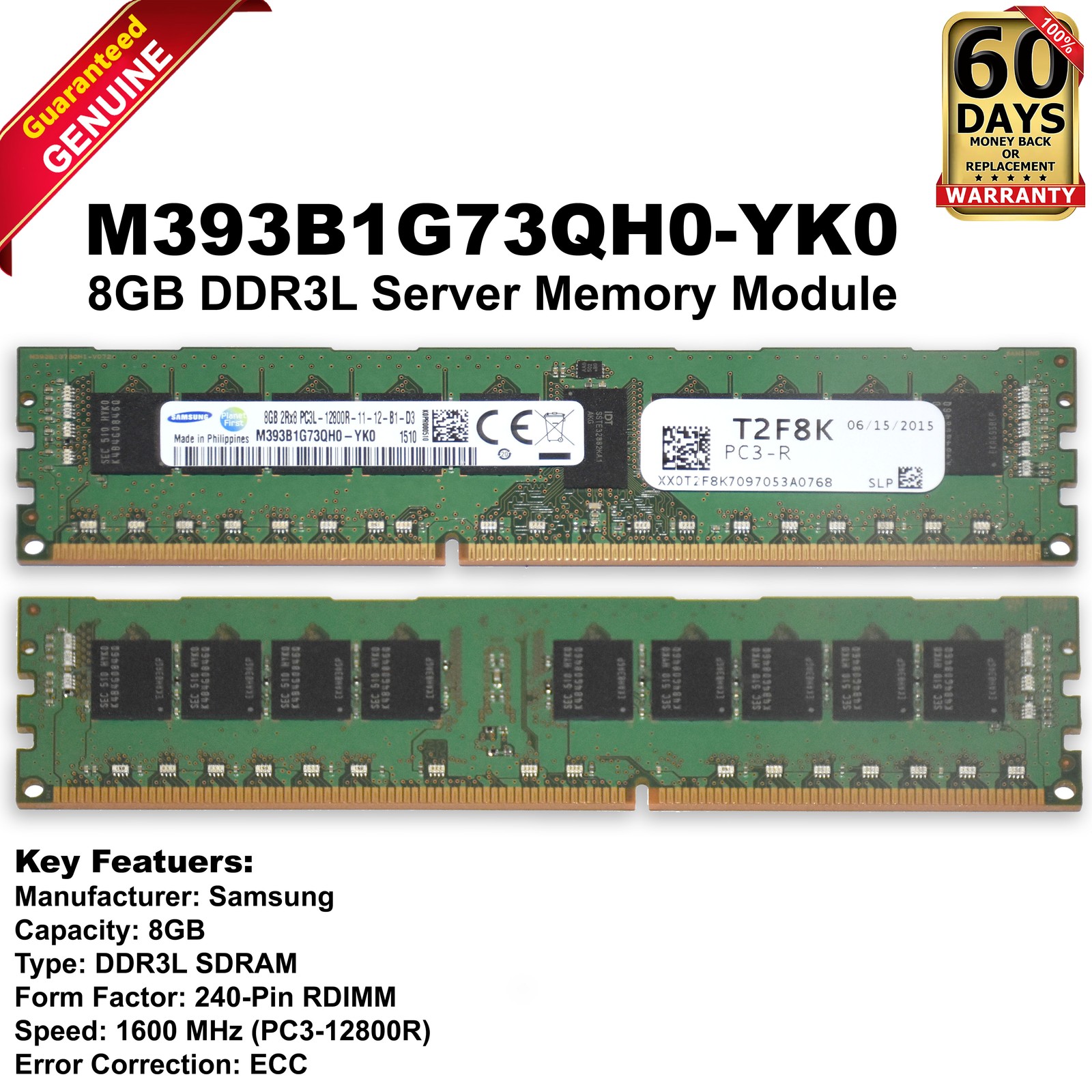 Samsung M393B1G73QH0-YK0 64GB 8x8GB PC3-12800 DDR3-1600MT/s Memory Ram T2F8K