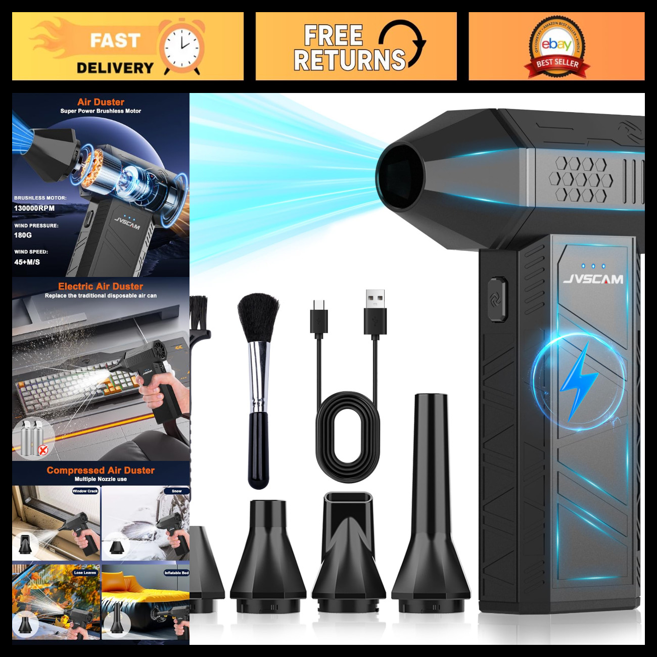 High-Power Compressed Air Duster 130,000 RPM - Brushless Motor Air Blower