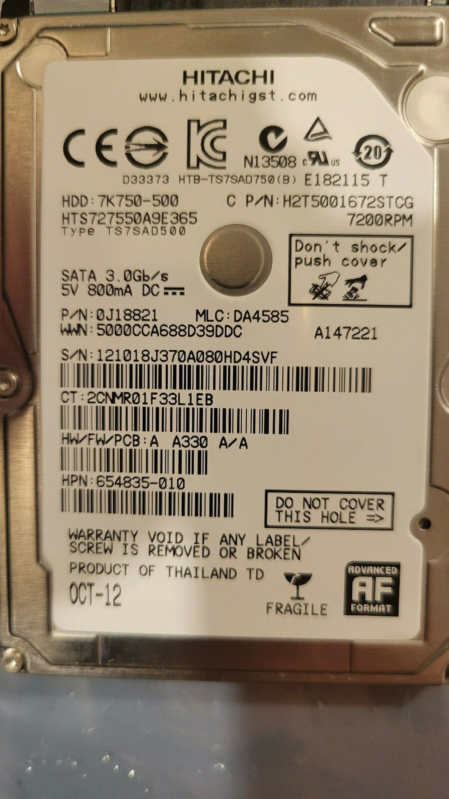 Hitachi HTS727550A9E365 MLC DA4585 PN 0J18821 500GB 2.5" SATA HD HPN 654835-010